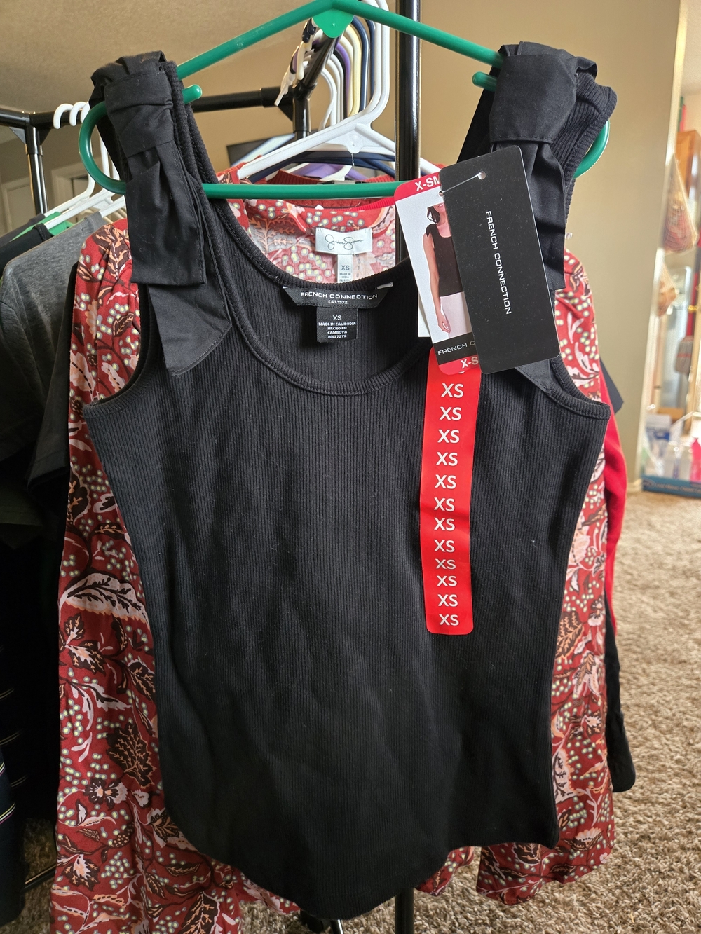 French Connection Black Ribbed Tie-Shoulder Tank